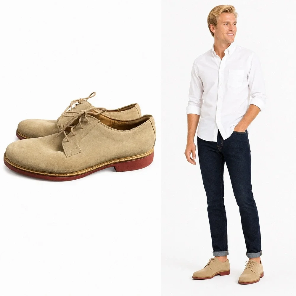 Cole Haan Derby Mens 11 Tan Suede C12161 Lace‎ Up Brick Red Sole Plain Toe Shoes